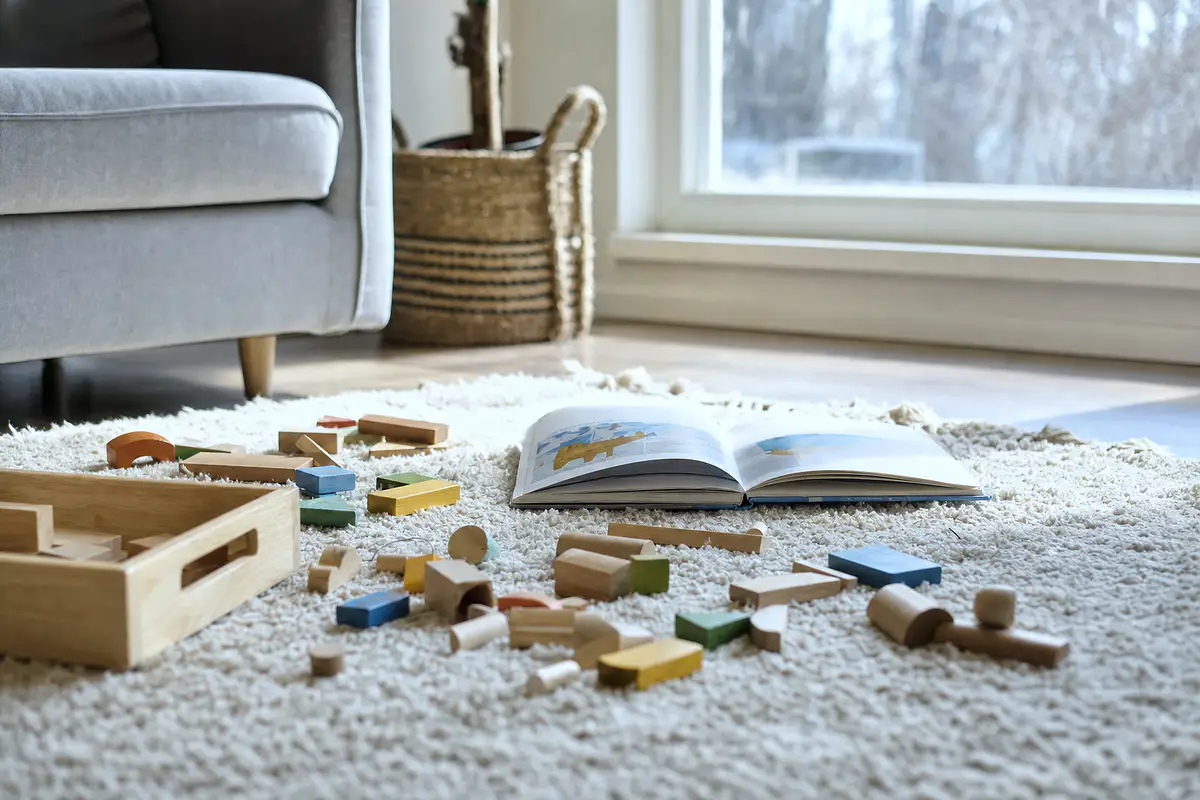 Blocks and a picture book on a rug in a living room.