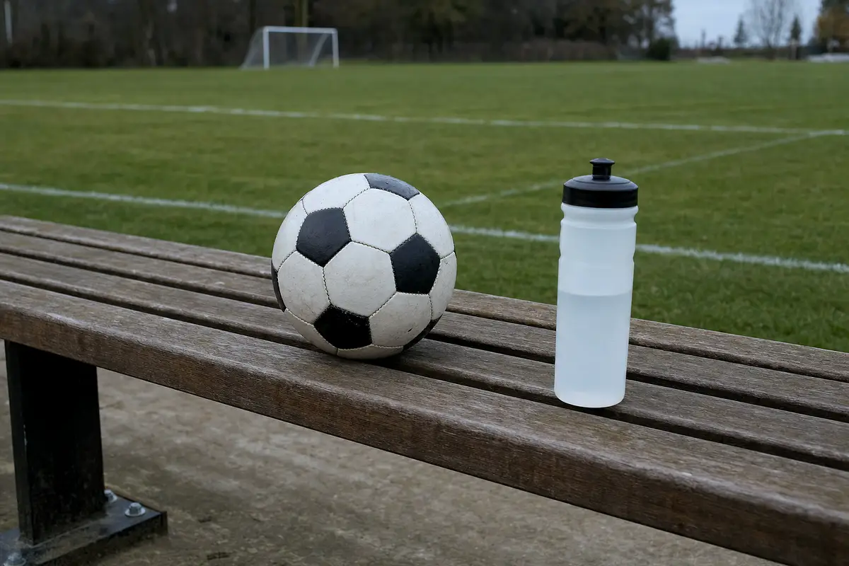 A soccer ball and a water bottle on an empty bench.